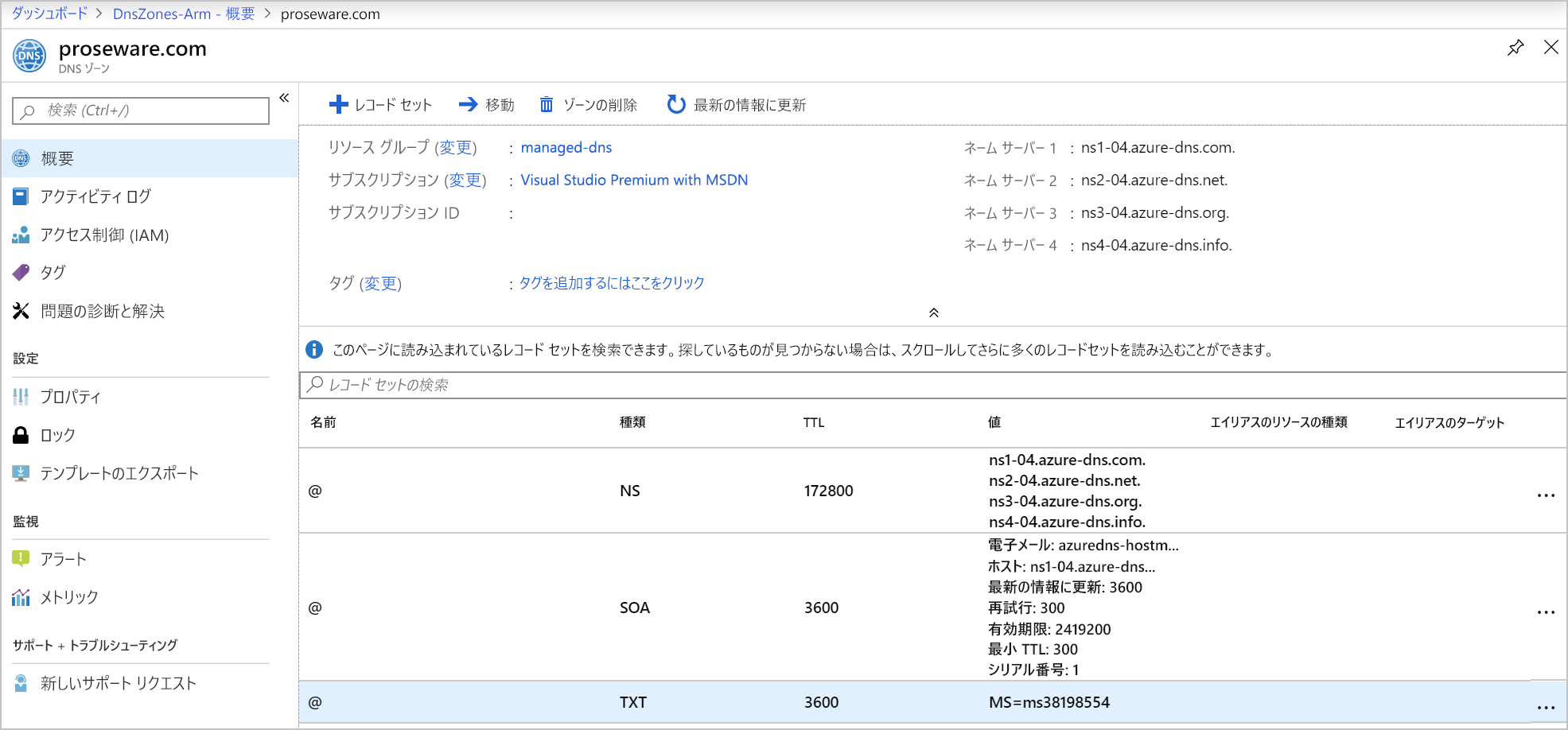 Screenshot of a domain registrar that shows a TXT record for the custom domain.