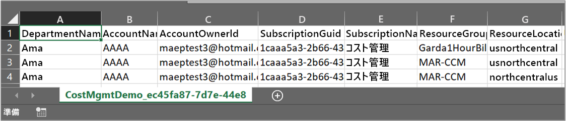 Excel に表示されるエクスポートした CSV データの例のスクリーンショット。