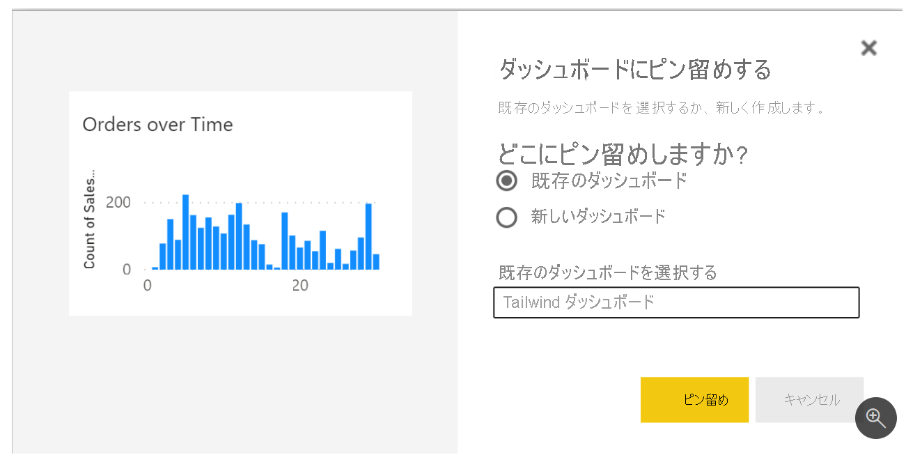 新規または既存のダッシュボードにピン留めするオプションがある 1 つの視覚エフェクトのスクリーンショット。