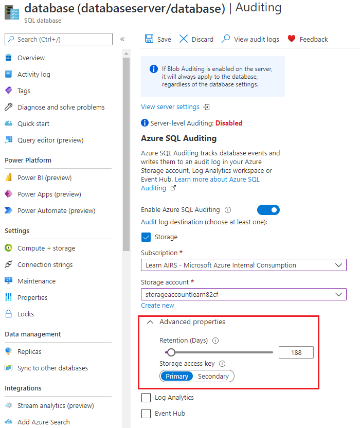 Screenshot that shows the SQL databases Auditing pane.