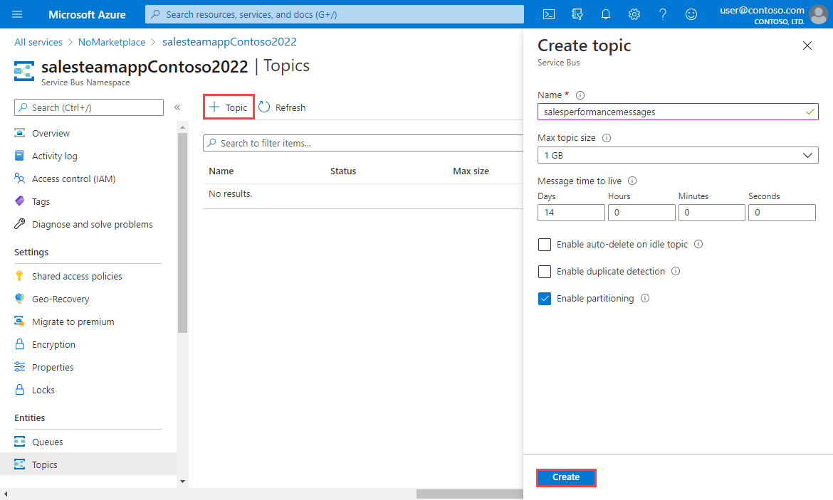 Screenshot of the Service Bus namespace and Create topic panes with Topic and Create highlighted.