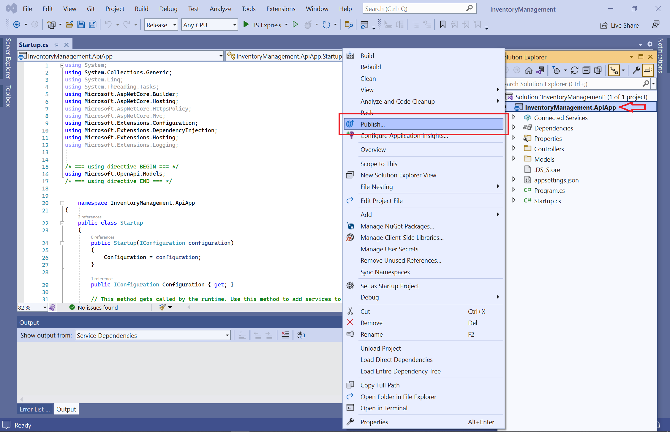 Visual Studio で [発行] を右クリックする。