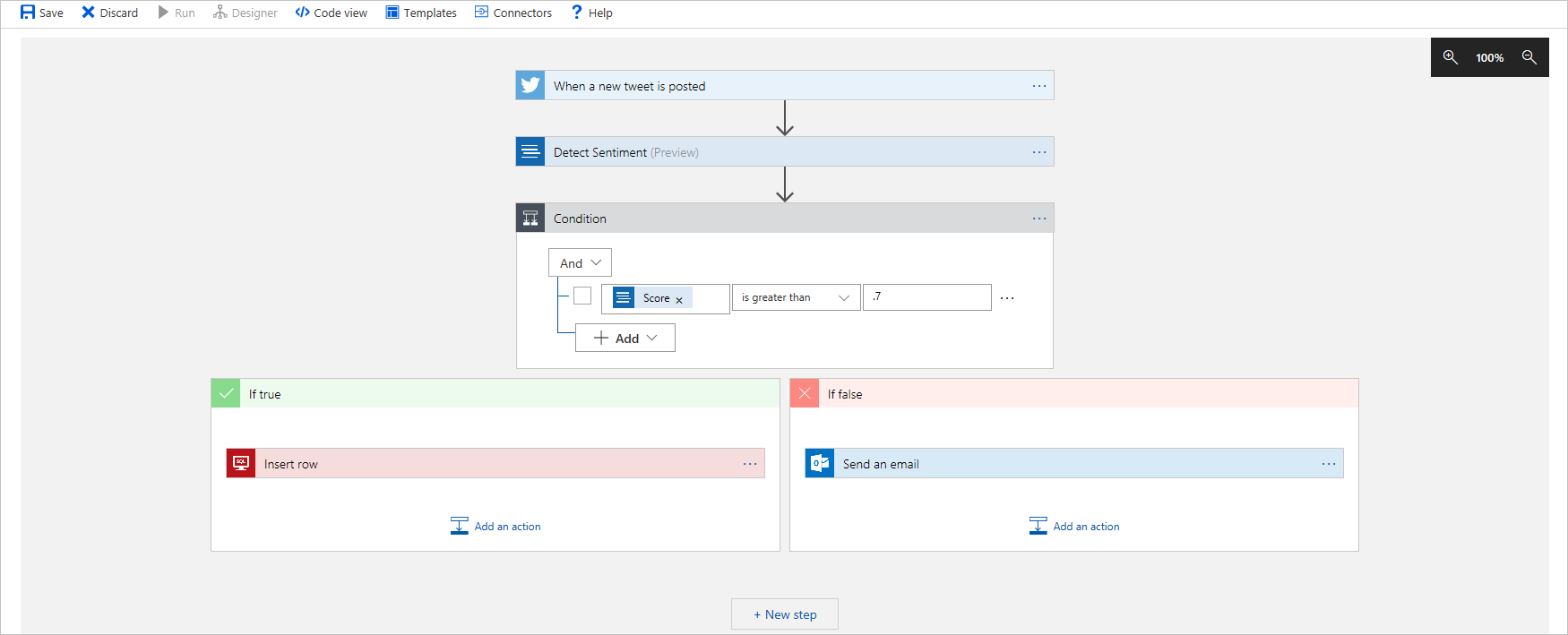 Screenshot shows the social media monitoring app in the workflow designer.