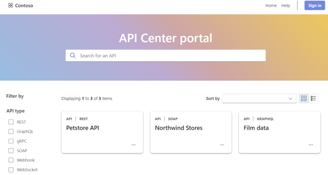 API Center の Web ベースのポータルを示すスクリーンショット