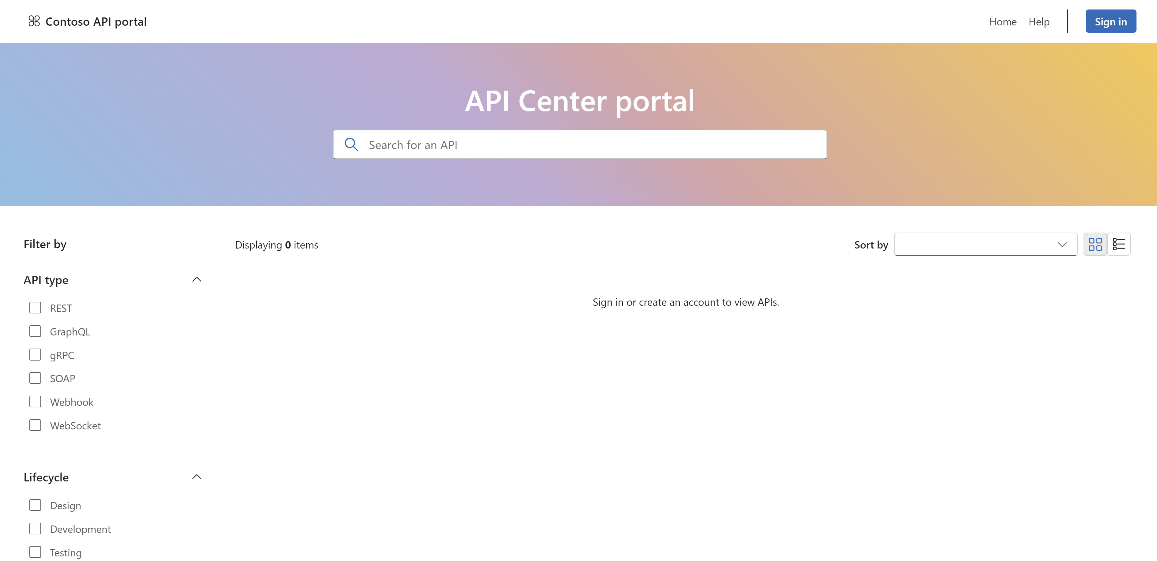 Contoso API Center ポータルまたは Web サイトのランディング ページを示すスクリーンショット