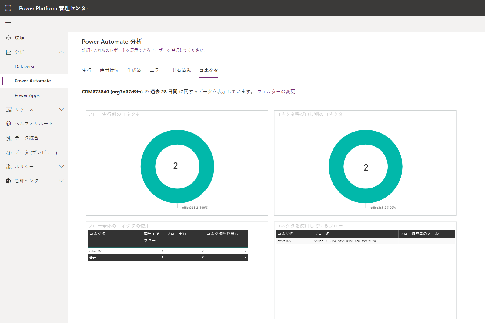 [コネクタ] タブの Power Automate のスクリーンショット。