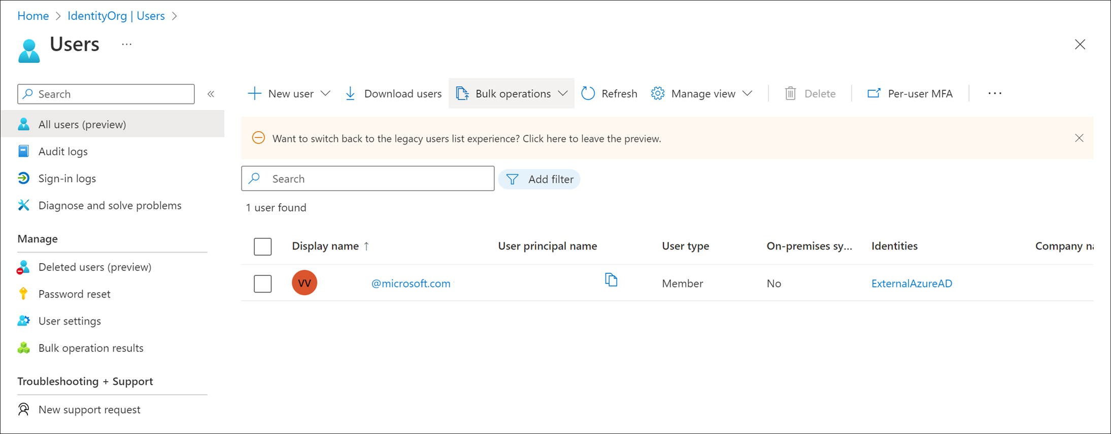 Screenshot that depicts the All users pane, with the User type and Identities columns noted.