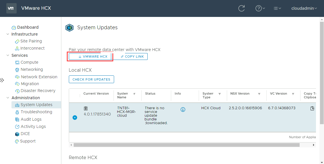 Screenshot of selecting VMware HCX, which downloads the OVA file for deployment on-premises.