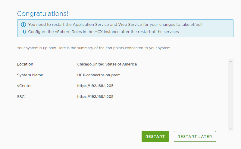 Screenshot of the end of configuring VMware HCX Manager on-premises.