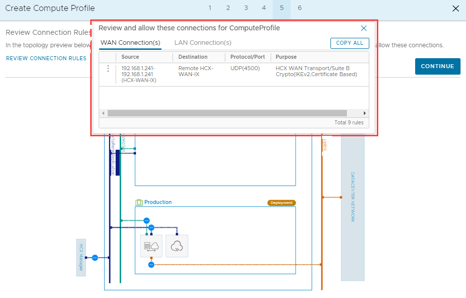 Screenshot that shows the connection rules and the Continue button in the on-premises HCX Connector.