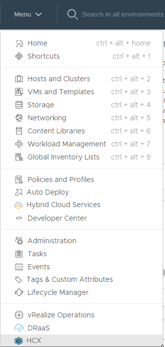 Screenshot of where to find HCX in the menu within vCenter on-premises.