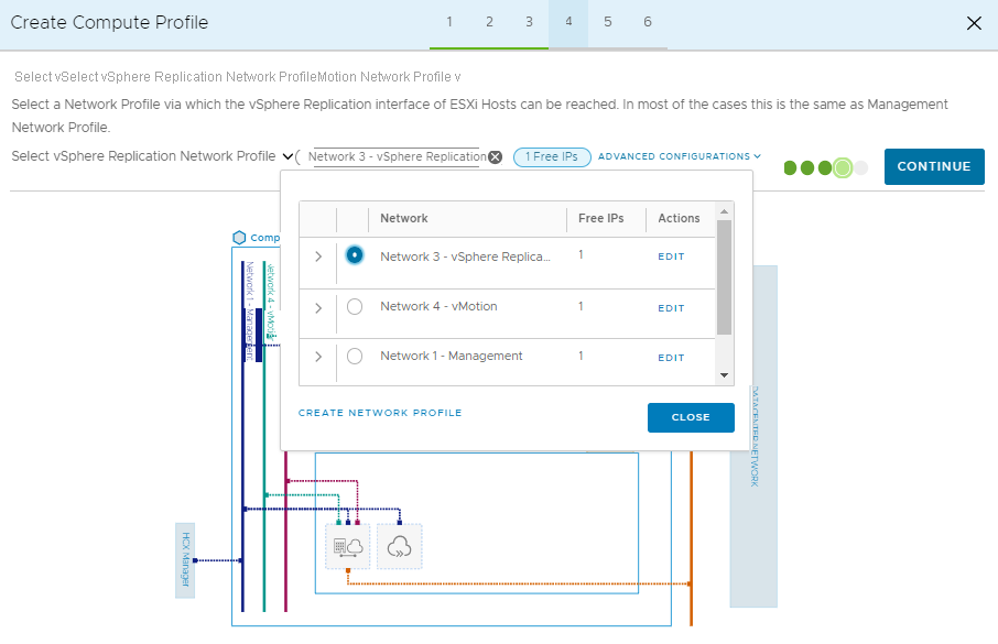 Screenshot that shows the selection of a replication network profile and the Continue button in the on-premises HCX Connector.