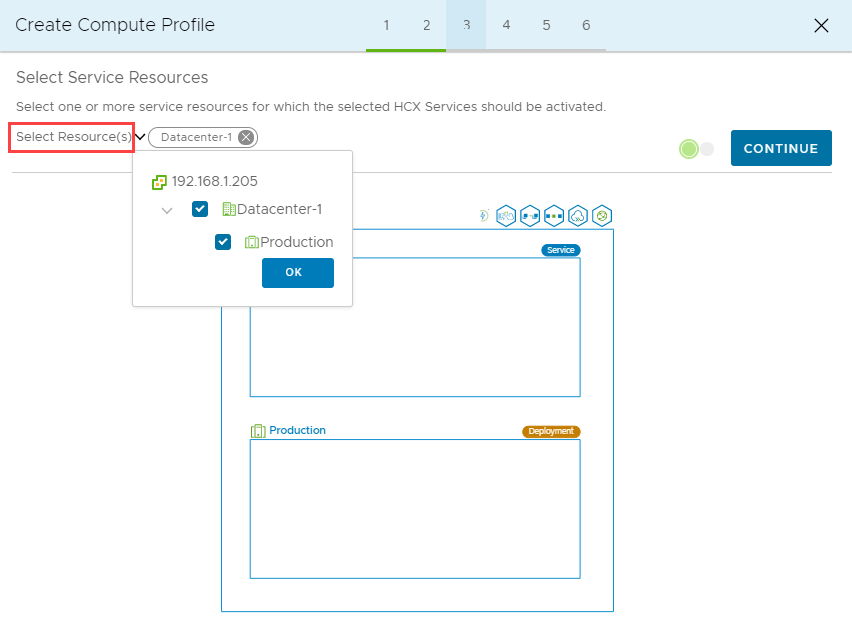 Screenshot that shows selected service resources and the Continue button in HCX Connector on-premises.