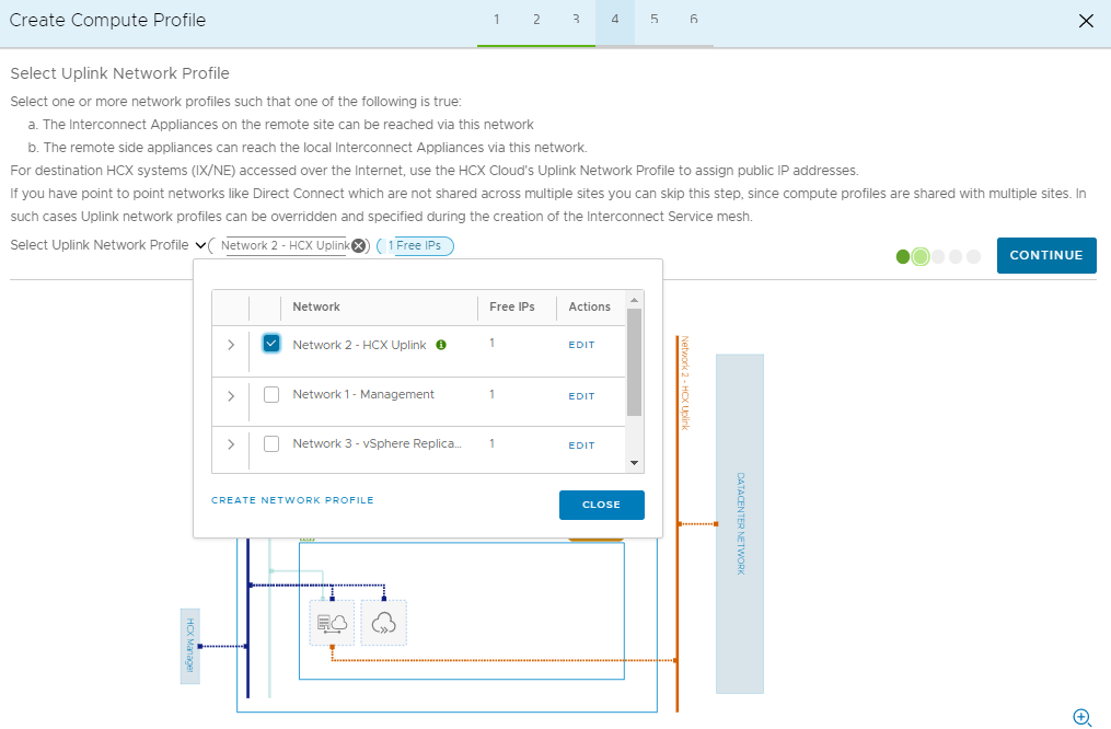 Screenshot that shows the selection of an uplink network profile and the Continue button in the on-premises HCX Connector.