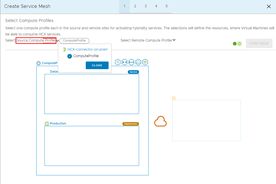 Screenshot that shows selecting the source compute profile in the on-premises HCX Connector.