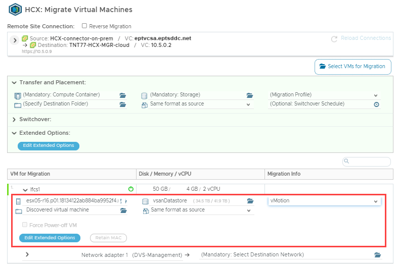 Screenshot of where to set the transfer, placement, and switchover options.