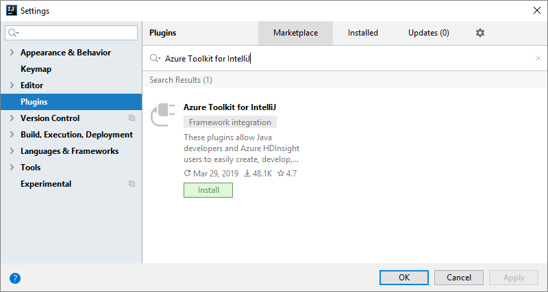 [Plugin]\(プラグイン\) セクションが選択され、Azure Toolkit for IntelliJ の検索結果が表示されている IntelliJ IDEA の [Settings]\(設定\) ウィンドウのスクリーンショット。