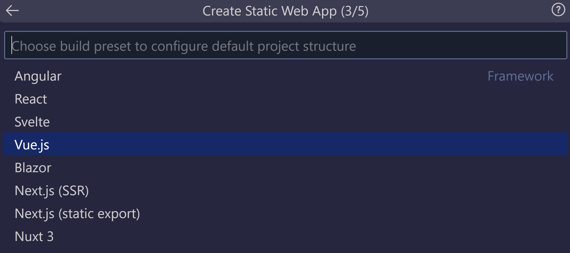 [Vue] オプションが選択されていることを示すスクリーンショット。