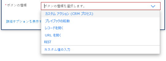 [ボタンの種類を選択します] ドロップダウンで [カスタム アクション (CRM プロセス)] が選択されている。