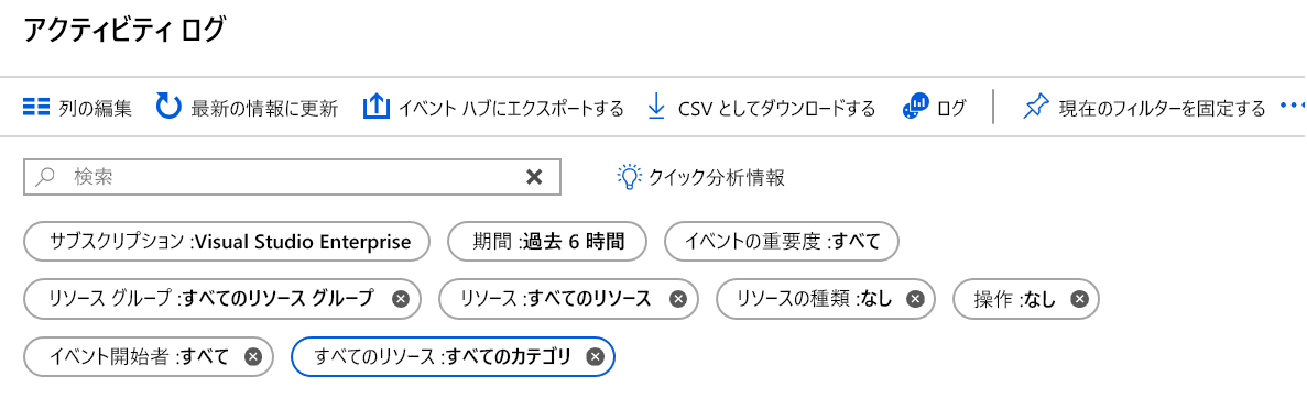 Azure portal でのアクティビティ ログのフィルター オプションを示すスクリーンショット。
