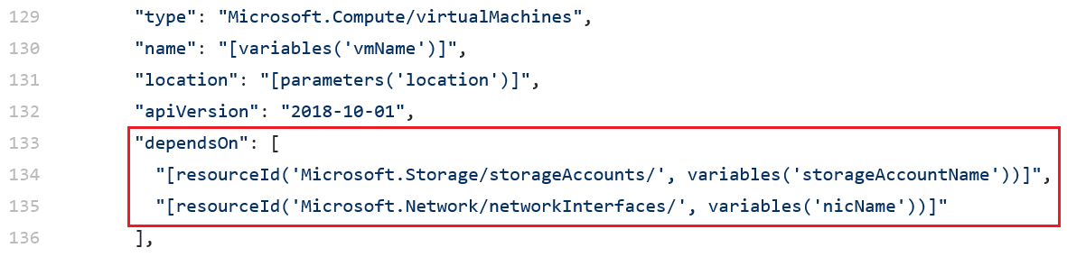 Screenshot of Resource Manager template code with the dependsOn section highlighted.