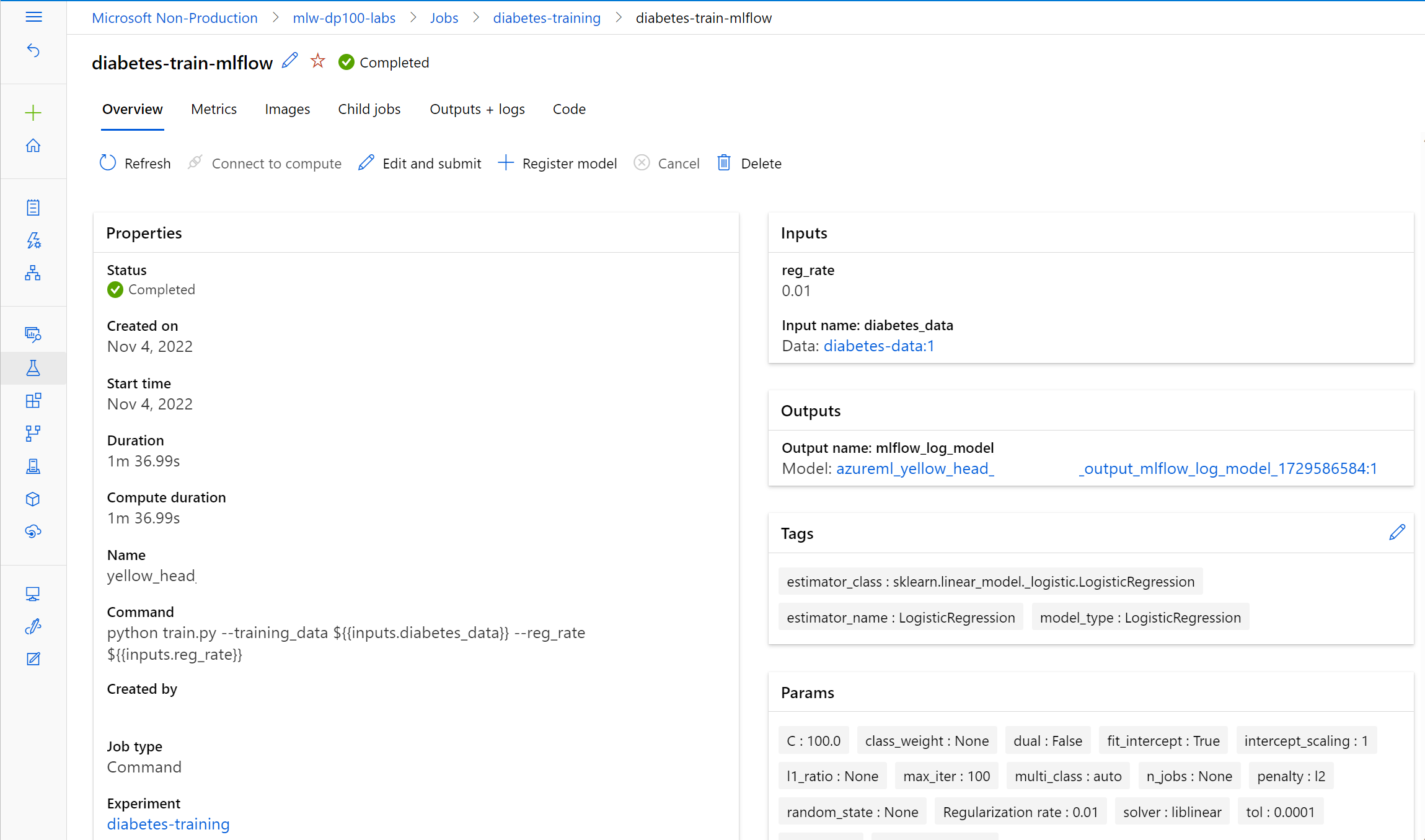 Screenshot of the overview of a command job showing the properties, inputs, and outputs.