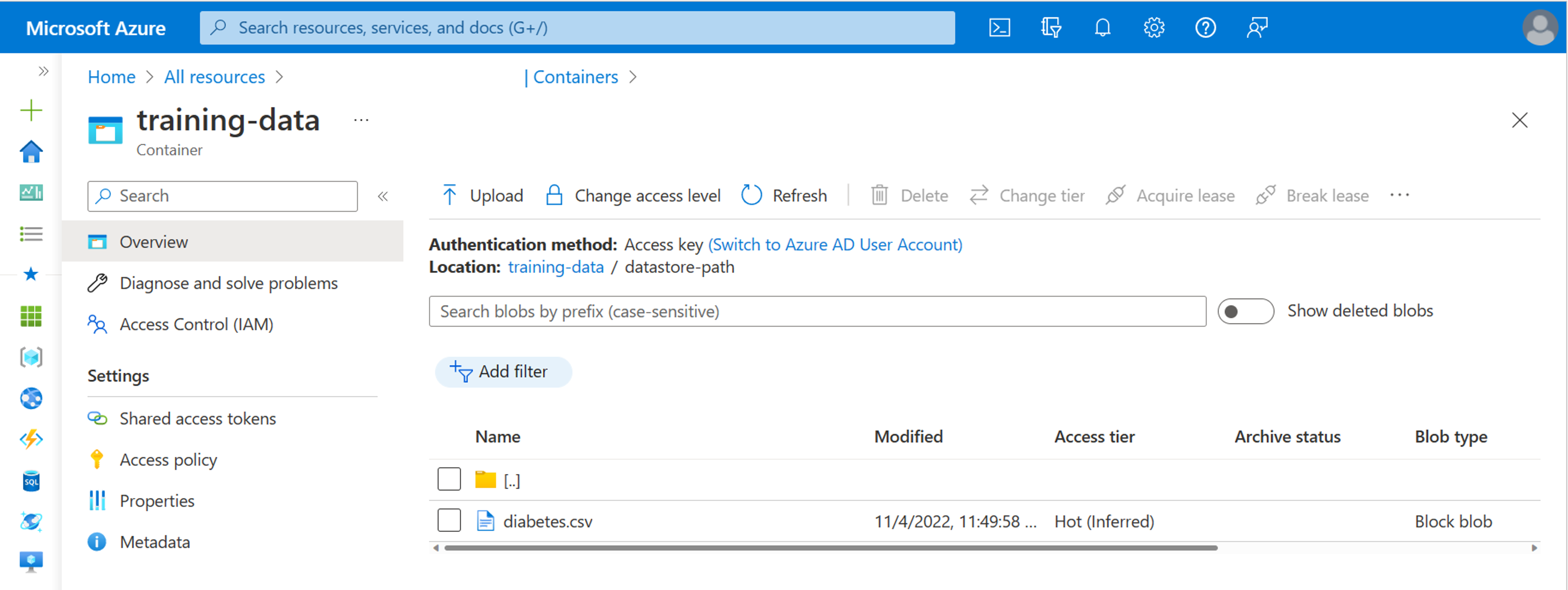 Screenshot of data stored in an Azure Blob Storage.