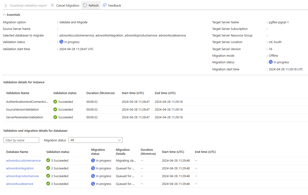 移行プロジェクト データベースの検証と移行の状態を示す Azure portal のスクリーンショット。