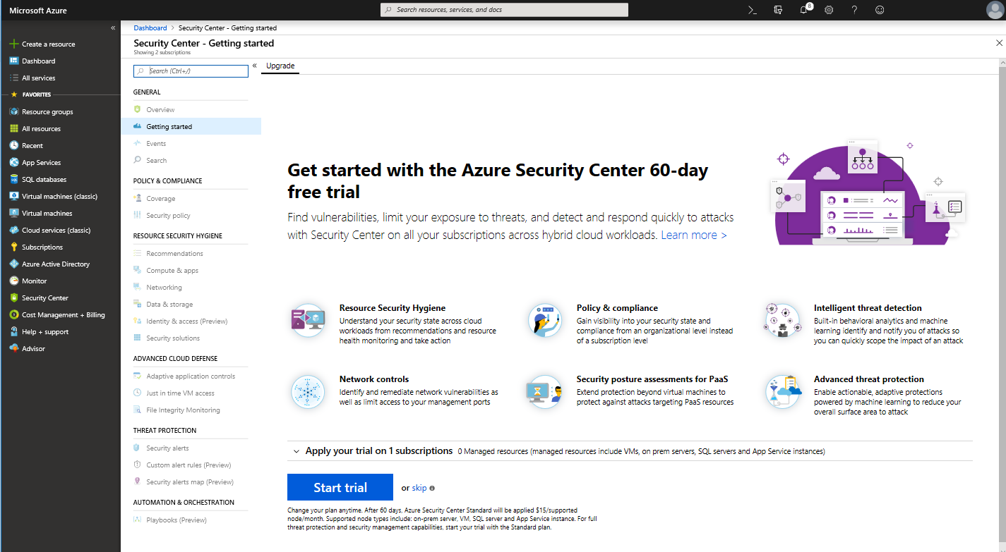 Azure portal の [Microsoft Defender for Cloud - 概要] ダッシュボードのスクリーンショット。60 日間の無料試用版に関する情報が表示されます。