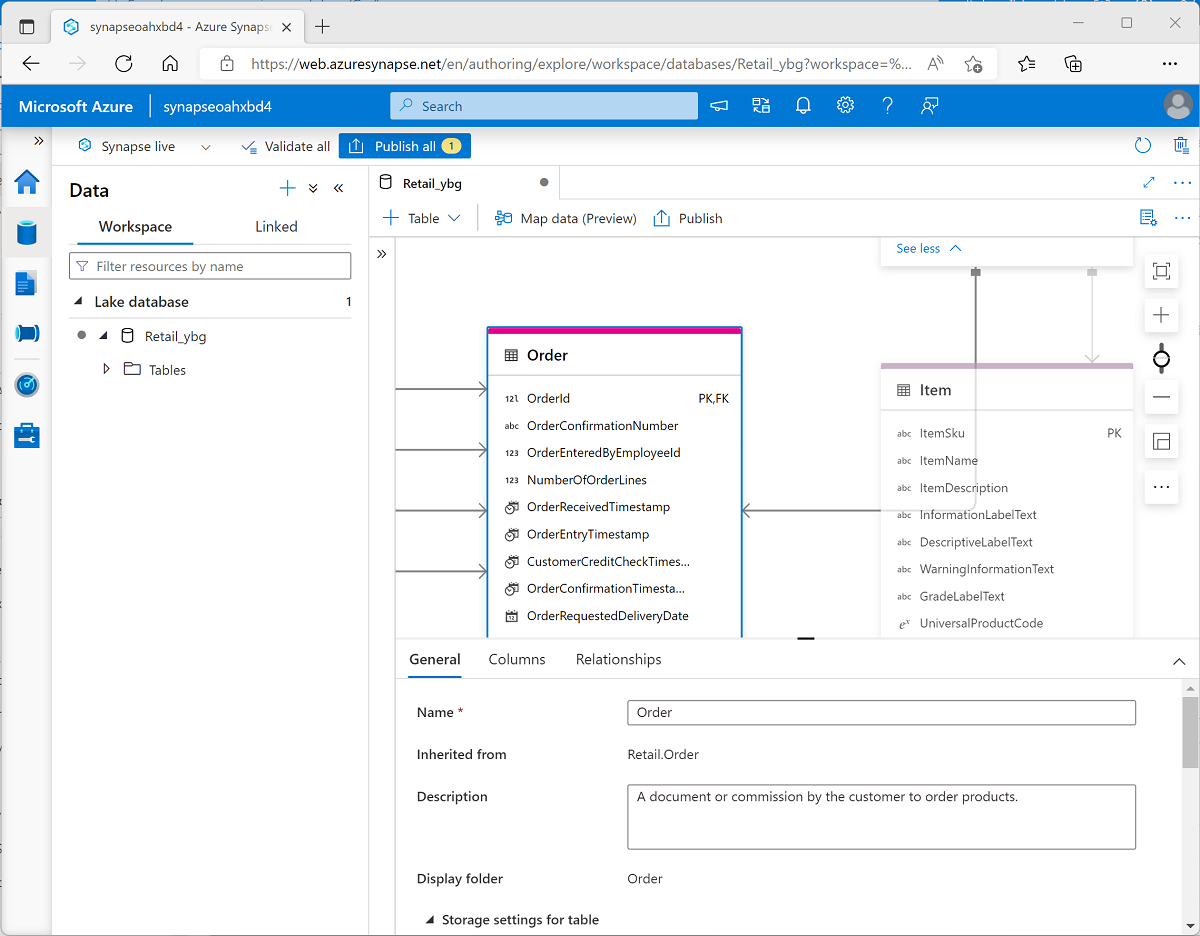 Screenshot of database designer in Azure Synapse Studio.