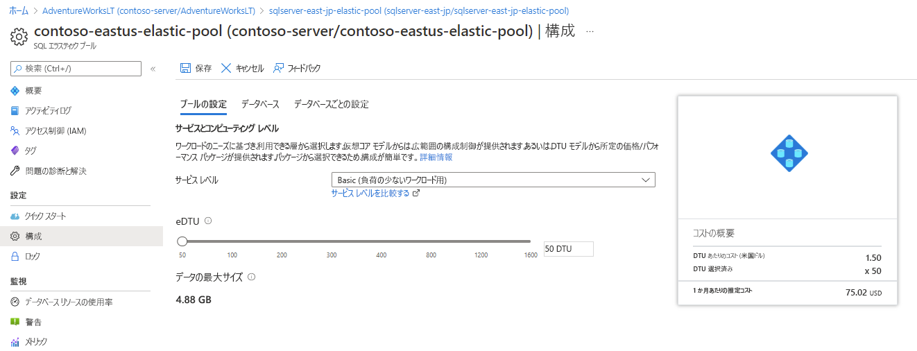 The Azure portal page showing Elastic Pool Configuration