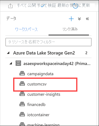 Viewing containers in the data hub in Azure Synapse Studio