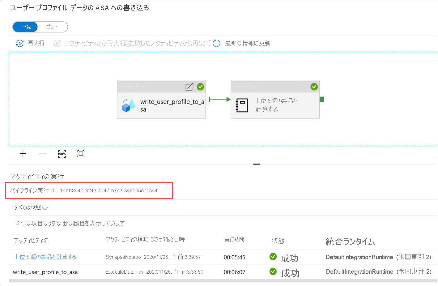 パイプラインの実行 ID が強調表示されています。