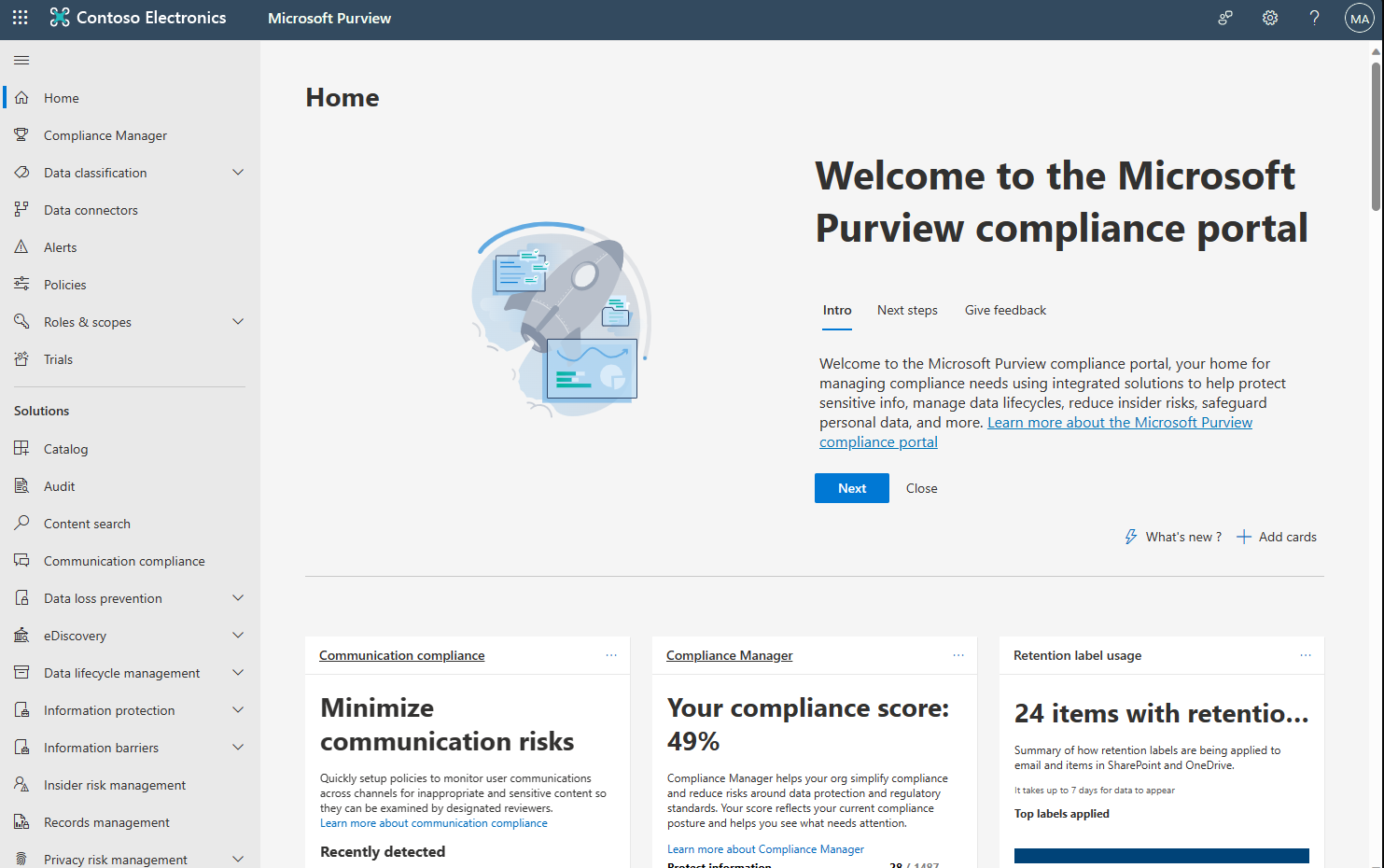 Microsoft Purview コンプライアンス ポータル ダッシュボードのスクリーンショット。