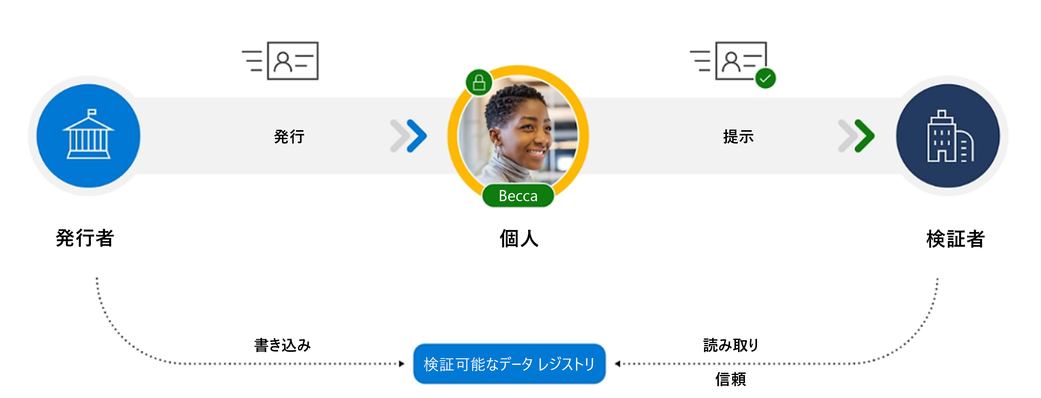 検証可能な資格情報の発行と検証のフローを示す図。