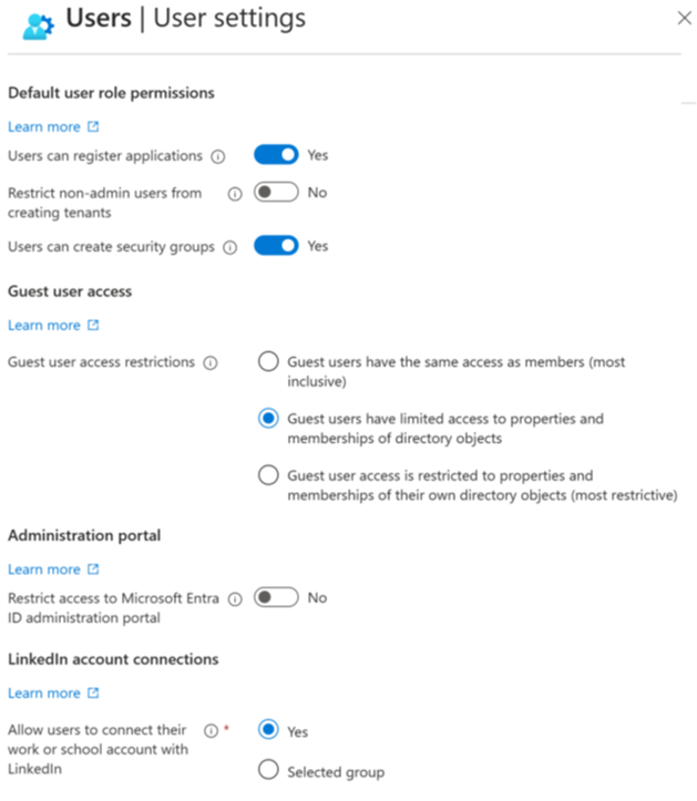 Screenshot of the User settings screen in Microsoft Entra ID. Use it to configure what users can do.