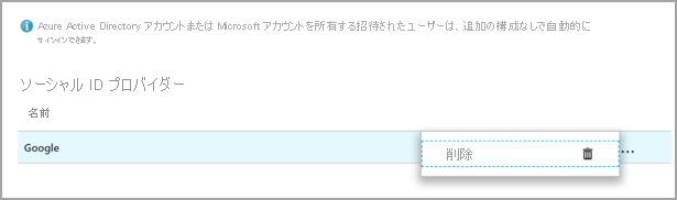 Screenshot of the Delete the Google identity provider page. Use the ellipsis at the end to open the delete command.