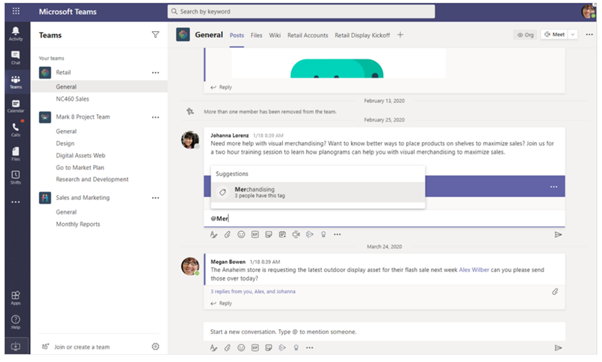 Microsoft Teams プラットフォーム内のチャネルとチャットを示すスクリーンショット。