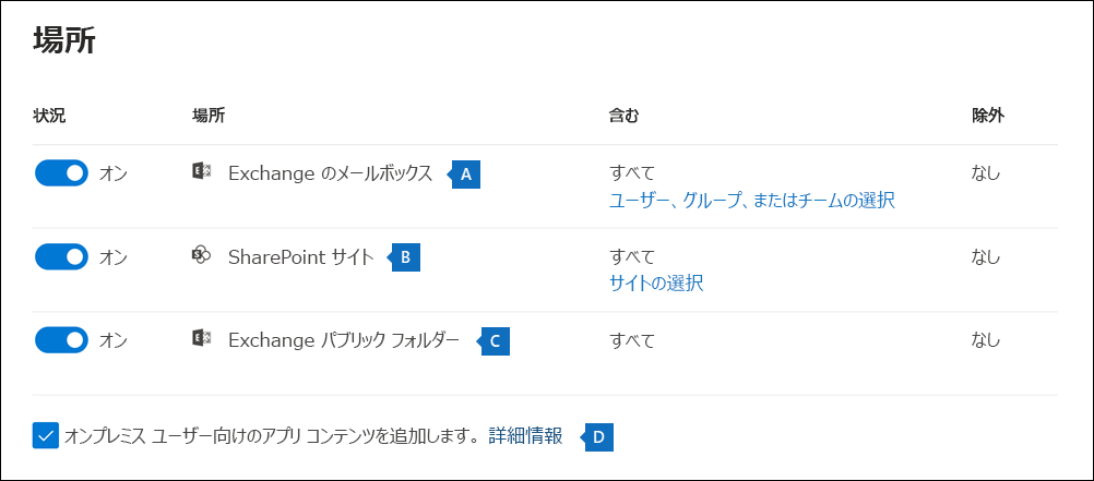 新しい検索ウィザードの [場所] ページのスクリーンショット。3 つの場所が強調表示されています。