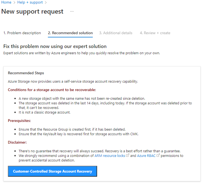 [ストレージ アカウントの回復] ボタン Customer-Controlled のスクリーンショット。