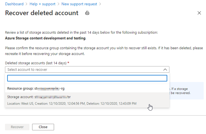 過去 14 日間に削除されたストレージ アカウントの一覧のスクリーンショット。
