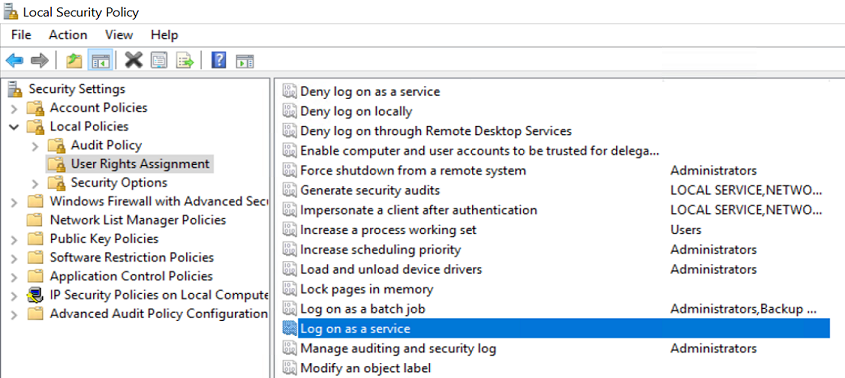 [ローカル セキュリティ ポリシー] ウィンドウのスクリーンショット。[サービスとしてログオン] ポリシーが強調表示されています。