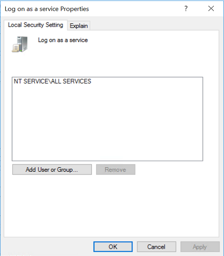 [サービスとしてログオンするプロパティ] ウィンドウの [ローカル セキュリティ設定] タブのスクリーンショット。'NT SERVICE\ALL SERVICES' グループが存在する必要があります。