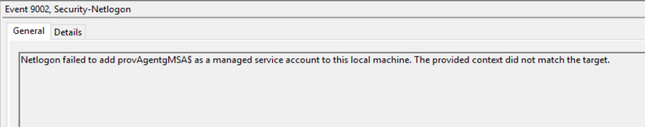 [イベント 9002] ウィンドウのスクリーンショット。Netlogon は、アカウントをマネージド サービス アカウント (M S A) としてローカル コンピューターに追加できませんでした。