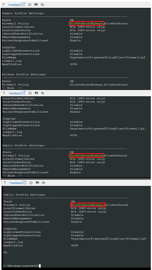 BlockInboundAlways を含む受信ファイアウォール プロファイルのクエリ結果のスクリーンショット。