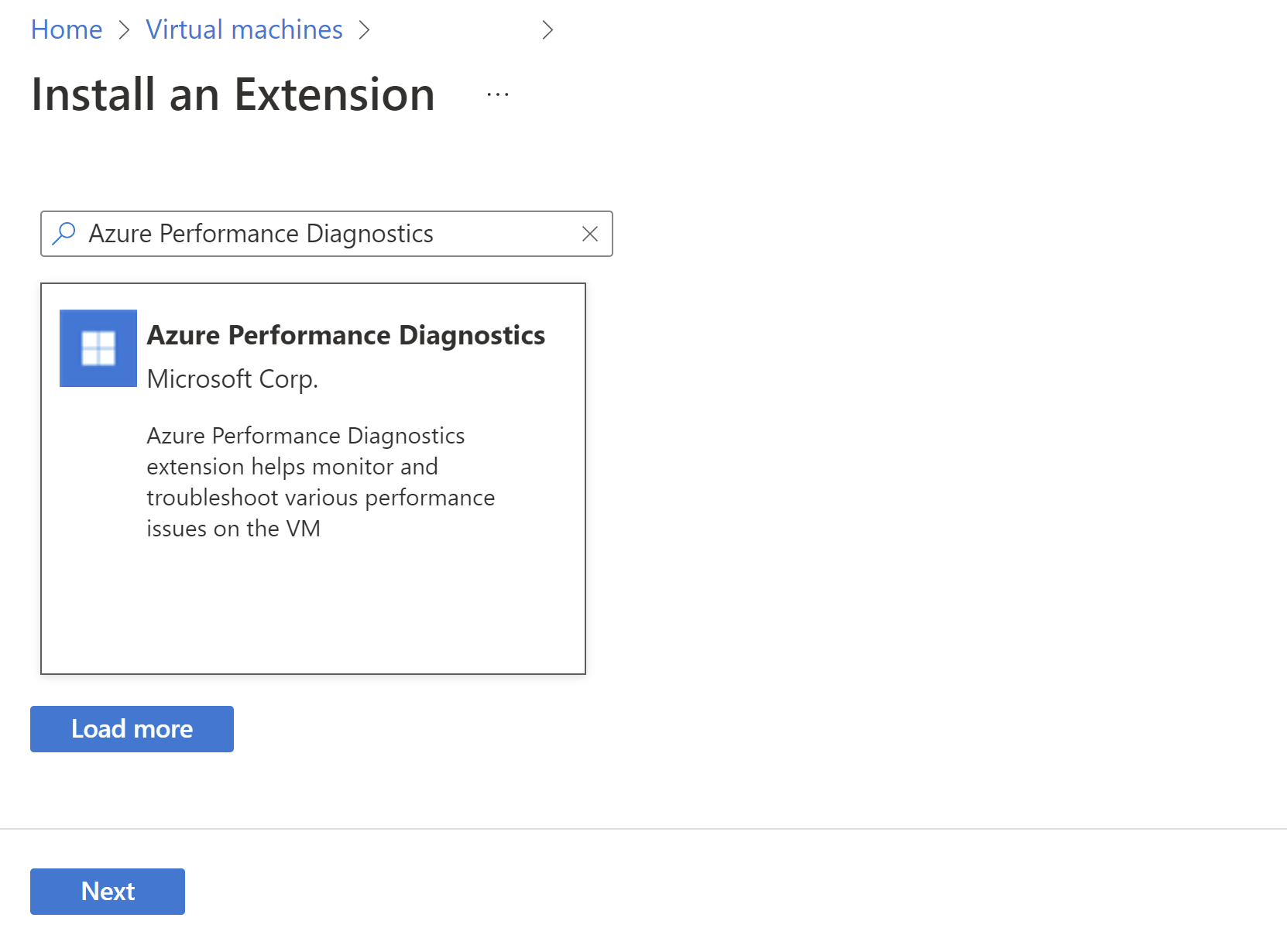 Azure パフォーマンス診断が強調表示されている [新しいリソース] 画面のスクリーンショット。