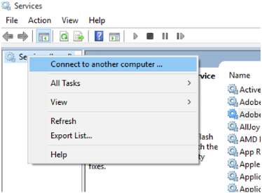 [サービス (ローカル)] の右クリック メニューの [別のコンピューターに接続] オプションのスクリーンショット。