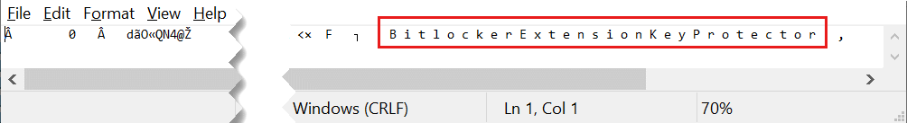 メモ帳で開いているテキスト ファイルのスクリーンショット。Bitlocker 拡張キー 保護機能という単語が強調表示されています。