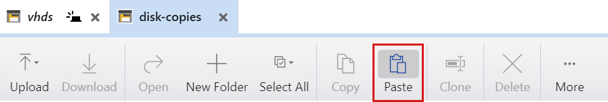 [貼り付け] ボタンが強調表示されているAzure Storage Explorerのスクリーンショット。