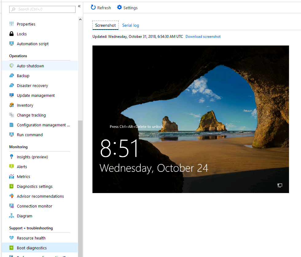 Azure Portal の [ブート診断] ページの [スクリーンショット] タブのスクリーンショット。